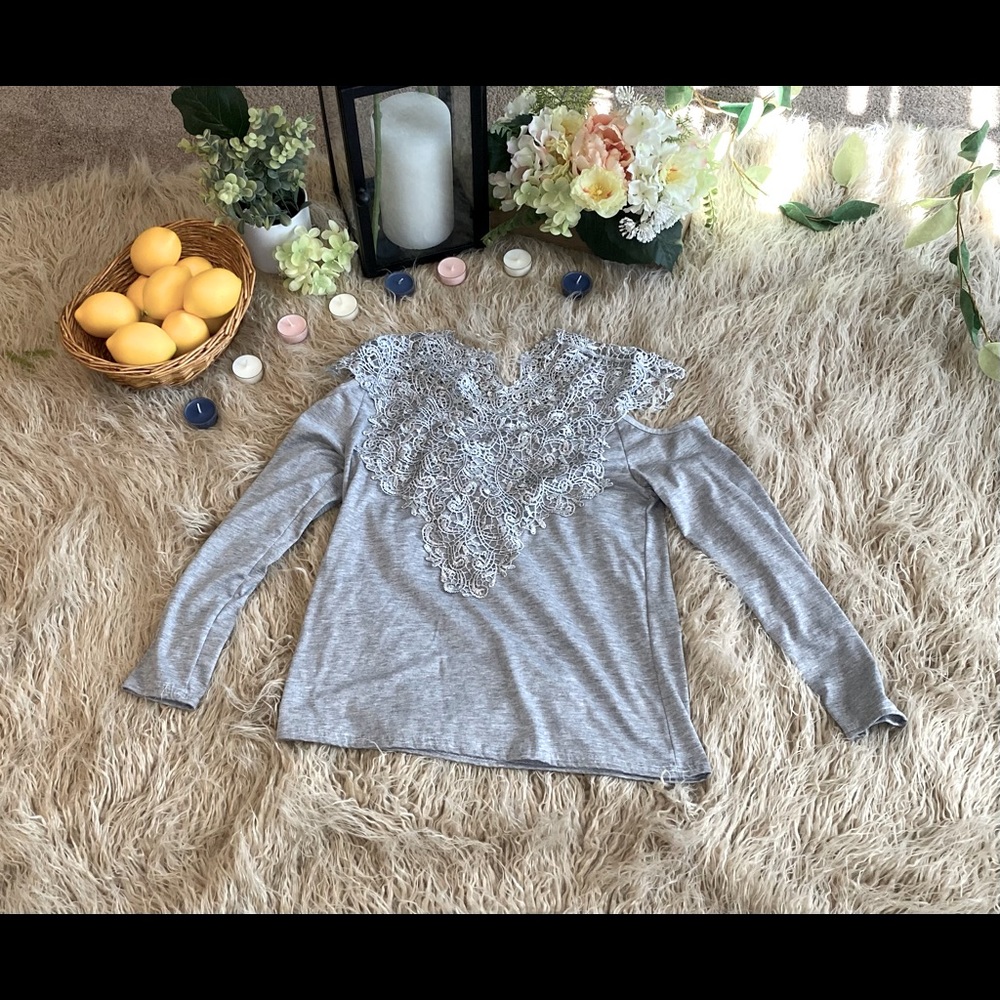 Gray Lace shoulder-less long sleeve top